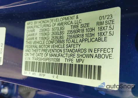 2023 Honda Cr-V Hybrid Sport из США, поврежденный, VIN 7FARS6H59PE010398